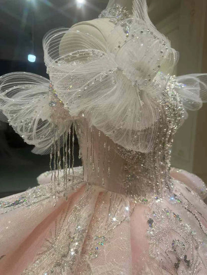 Dreamy Blush Glitter Tulle Off Shoulder Fringe Beaded Sleeve Rhinestone Lace Corset Ball Gown Wedding Dress With Cathedral Train AE072