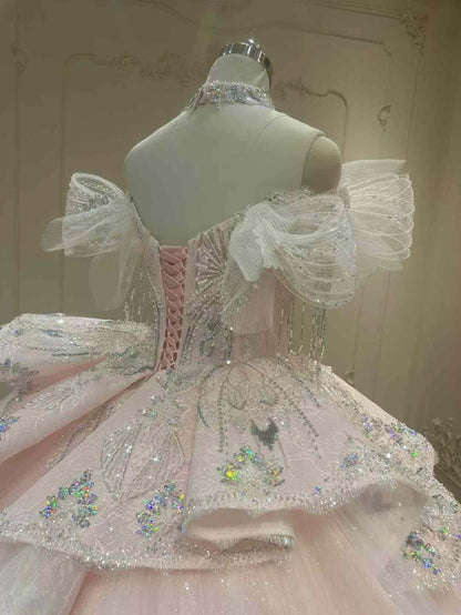 Dreamy Blush Glitter Tulle Off Shoulder Fringe Beaded Sleeve Rhinestone Lace Corset Ball Gown Wedding Dress With Cathedral Train AE072