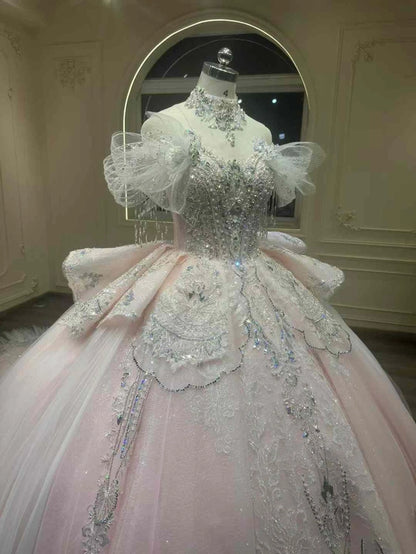 Dreamy Blush Glitter Tulle Off Shoulder Fringe Beaded Sleeve Rhinestone Lace Corset Ball Gown Wedding Dress With Cathedral Train AE072