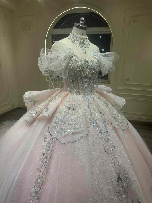 Dreamy Blush Glitter Tulle Off Shoulder Fringe Beaded Sleeve Rhinestone Lace Corset Ball Gown Wedding Dress With Cathedral Train AE072