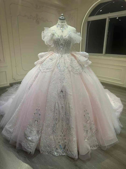 Dreamy Blush Glitter Tulle Off Shoulder Fringe Beaded Sleeve Rhinestone Lace Corset Ball Gown Wedding Dress With Cathedral Train AE072