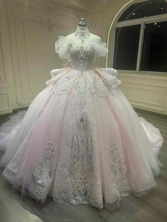 Dreamy Blush Glitter Tulle Off Shoulder Fringe Beaded Sleeve Rhinestone Lace Corset Ball Gown Wedding Dress With Cathedral Train AE072