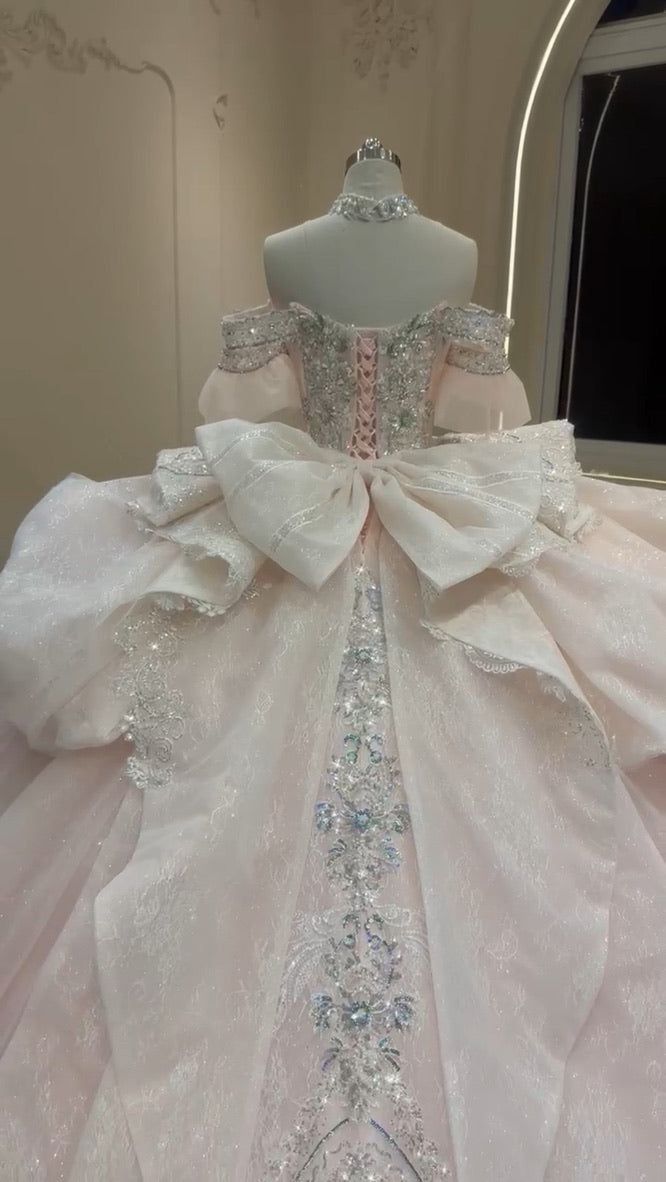 Luxury Blush Glitter Tulle Off Shoulder Crystal Ball Gown Wedding Dress With Back Bow & Cathedral Train AE073