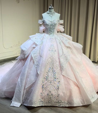 Luxury Blush Glitter Tulle Off Shoulder Crystal Ball Gown Wedding Dress With Back Bow & Cathedral Train AE073