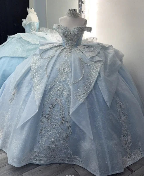 Luxury Blush Glitter Tulle Off Shoulder Crystal Ball Gown Wedding Dress With Back Bow & Cathedral Train AE073