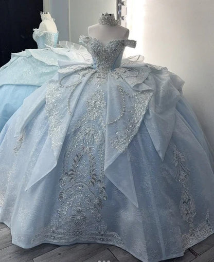 Luxury Blush Glitter Tulle Off Shoulder Crystal Ball Gown Wedding Dress With Back Bow & Cathedral Train AE073