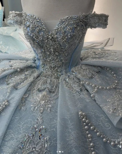 Luxury Blush Glitter Tulle Off Shoulder Crystal Ball Gown Wedding Dress With Back Bow & Cathedral Train AE073