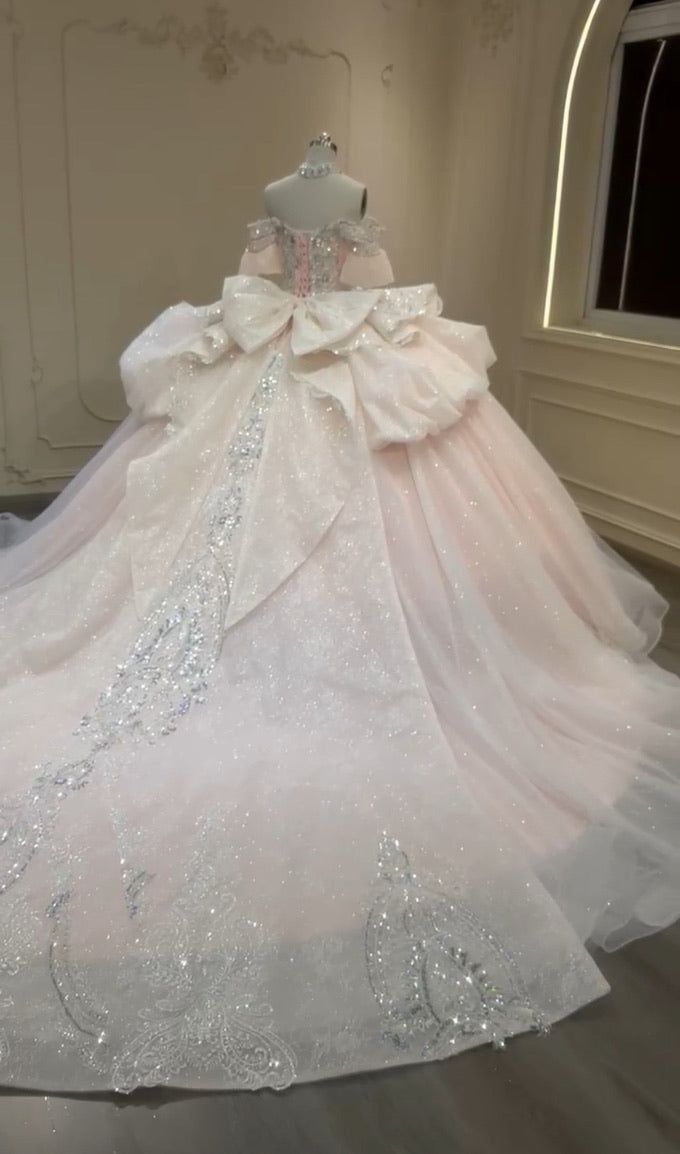 Luxury Blush Glitter Tulle Off Shoulder Crystal Ball Gown Wedding Dress With Back Bow & Cathedral Train AE073