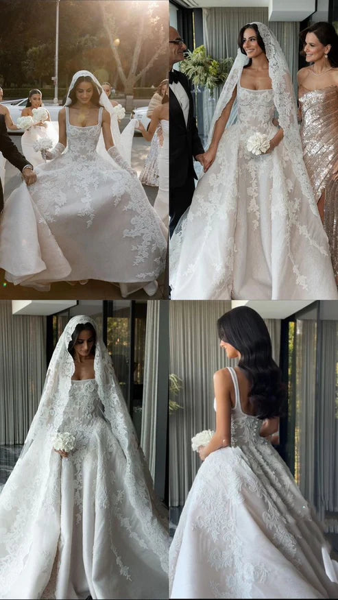 Classic Ivory Square Neck Straps Lace Tulle Ball Gown Wedding Dress With Chapel Train AE074