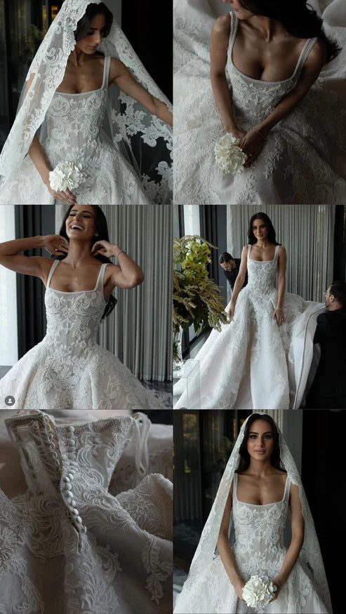 Classic Ivory Square Neck Straps Lace Tulle Ball Gown Wedding Dress With Chapel Train AE074