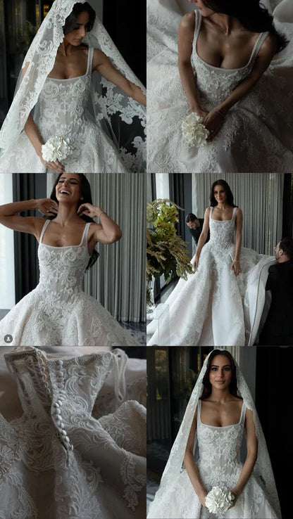 Classic Ivory Square Neck Straps Lace Tulle Ball Gown Wedding Dress With Chapel Train AE074