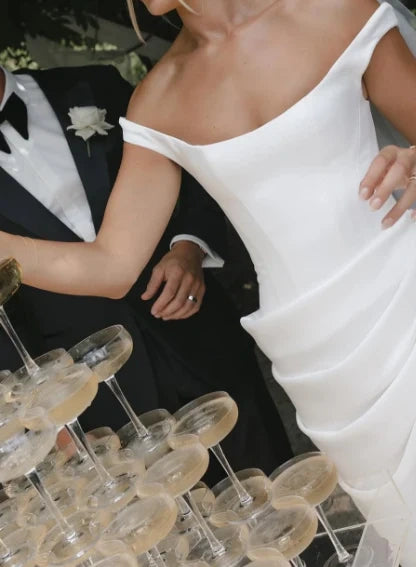 Classic White Off Shoulder Clean Line Draped Detail Satin Mermaid Wedding Dress With Sweep Train AE075
