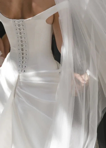 Classic White Off Shoulder Clean Line Draped Detail Satin Mermaid Wedding Dress With Sweep Train AE075