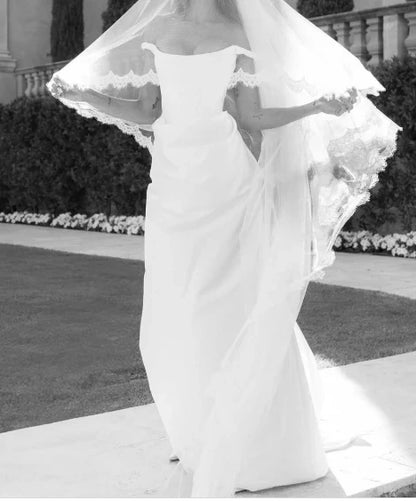 Classic White Off Shoulder Clean Line Draped Detail Satin Mermaid Wedding Dress With Sweep Train AE075