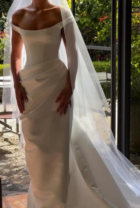 Classic White Off Shoulder Clean Line Draped Detail Satin Mermaid Wedding Dress With Sweep Train AE075