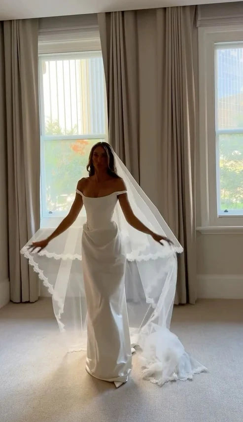 Classic White Off Shoulder Clean Line Draped Detail Satin Mermaid Wedding Dress With Sweep Train AE075