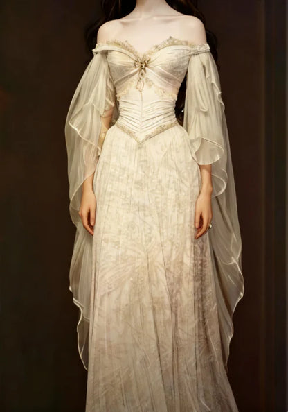 Ethereal Off Shoulder Chiffon Cape Sleeve Soft Champagne Lace A-Line Wedding Dress With Sweep Train AE077