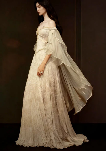 Ethereal Off Shoulder Chiffon Cape Sleeve Soft Champagne Lace A-Line Wedding Dress With Sweep Train AE077