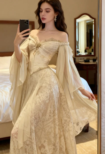 Ethereal Off Shoulder Chiffon Cape Sleeve Soft Champagne Lace A-Line Wedding Dress With Sweep Train AE077