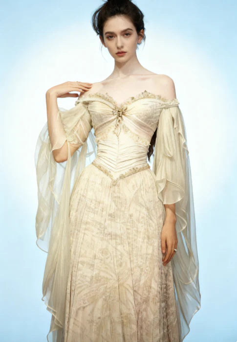 Ethereal Off Shoulder Chiffon Cape Sleeve Soft Champagne Lace A-Line Wedding Dress With Sweep Train AE077