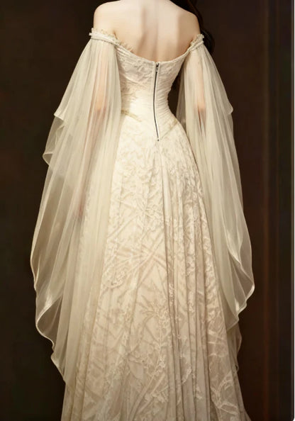 Ethereal Off Shoulder Chiffon Cape Sleeve Soft Champagne Lace A-Line Wedding Dress With Sweep Train AE077