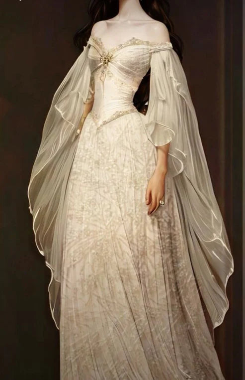 Ethereal Off Shoulder Chiffon Cape Sleeve Soft Champagne Lace A-Line Wedding Dress With Sweep Train AE077