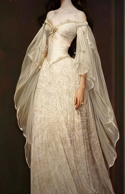 Ethereal Off Shoulder Chiffon Cape Sleeve Soft Champagne Lace A-Line Wedding Dress With Sweep Train AE077