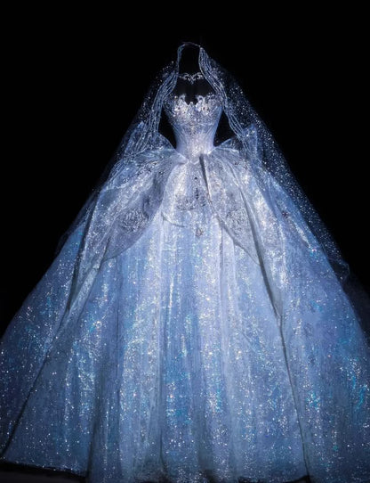 Luxury Starry Sparkle Blue Rhinestone Beaded Strapless Corset Bodice Tulle Ball Gown Wedding Dress AE078