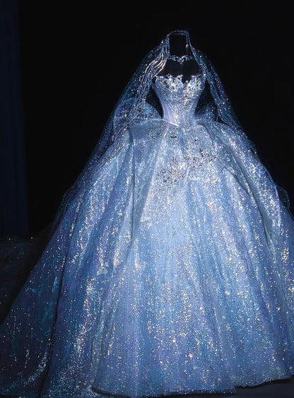 Luxury Starry Sparkle Blue Rhinestone Beaded Strapless Corset Bodice Tulle Ball Gown Wedding Dress AE078