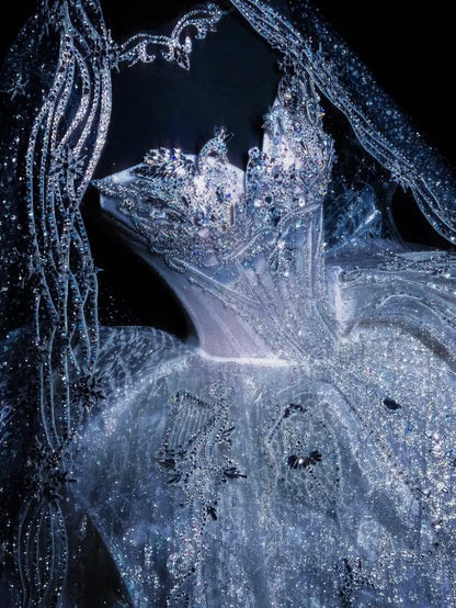Luxury Starry Sparkle Blue Rhinestone Beaded Strapless Corset Bodice Tulle Ball Gown Wedding Dress AE078