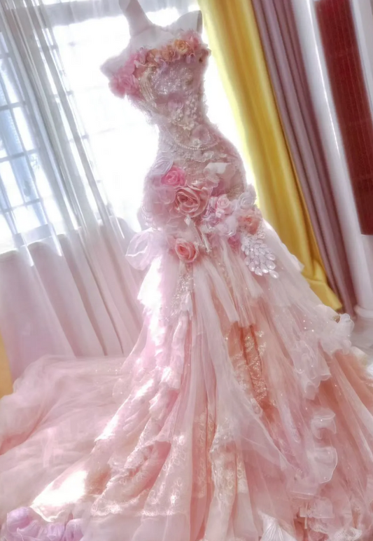 Dreamy Blush Pink 3D Rose Floral Strapless Mermaid Evening Dress With Cathedral Train AE079