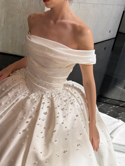 Luxury Ivory Off Shoulder Ruched Bodice Pearl Beaded Satin Ball Gown Wedding Dress With Chapel Train AE081