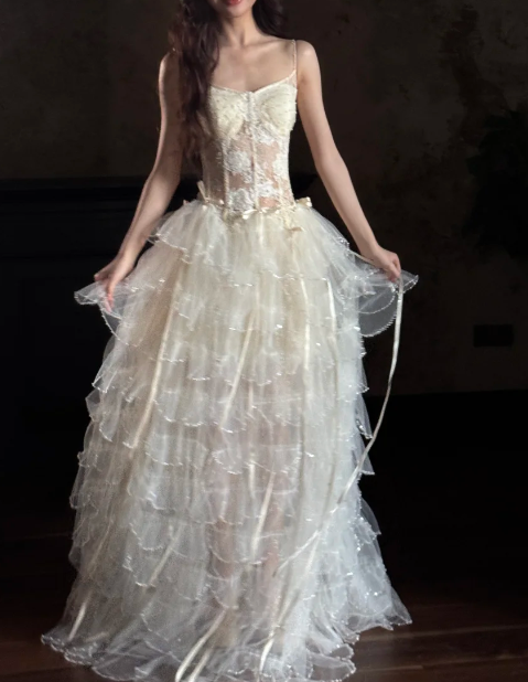 Ethereal Ivory Spaghetti Straps Lace Bodice Waist Bow Detail Multi-Tier Glitter Tulle Floor Length A Line Prom Dress AE082