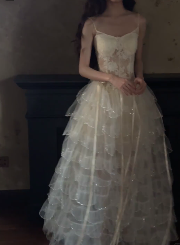 Ethereal Ivory Spaghetti Straps Lace Bodice Waist Bow Detail Multi-Tier Glitter Tulle Floor Length A Line Prom Dress AE082