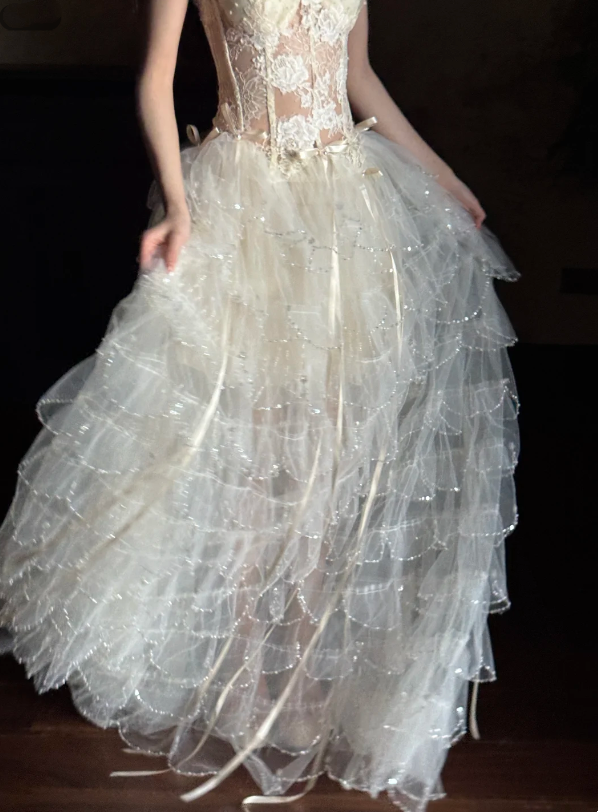 Ethereal Ivory Spaghetti Straps Lace Bodice Waist Bow Detail Multi-Tier Glitter Tulle Floor Length A Line Prom Dress AE082