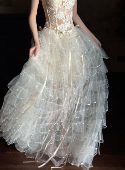 Ethereal Ivory Spaghetti Straps Lace Bodice Waist Bow Detail Multi-Tier Glitter Tulle Floor Length A Line Prom Dress AE082