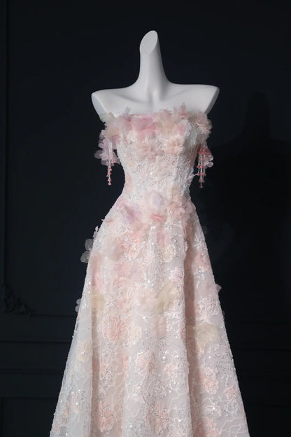 Dreamy Pink 3D Floral Appliqué Strapless Beaded Lace A-Line Floor Length Wedding Dress AE083