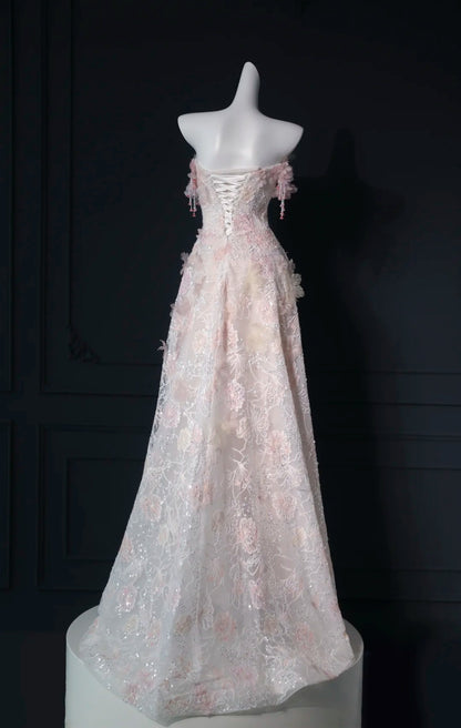 Dreamy Pink 3D Floral Appliqué Strapless Beaded Lace A-Line Floor Length Wedding Dress AE083