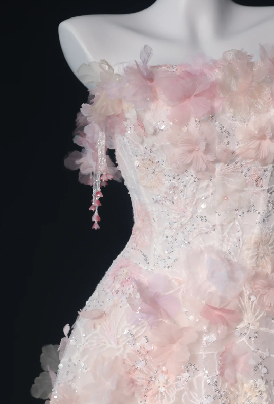 Dreamy Pink 3D Floral Appliqué Strapless Beaded Lace A-Line Floor Length Wedding Dress AE083