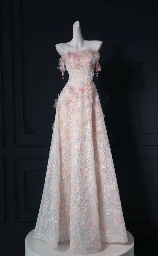 Dreamy Pink 3D Floral Appliqué Strapless Beaded Lace A-Line Floor Length Wedding Dress AE083