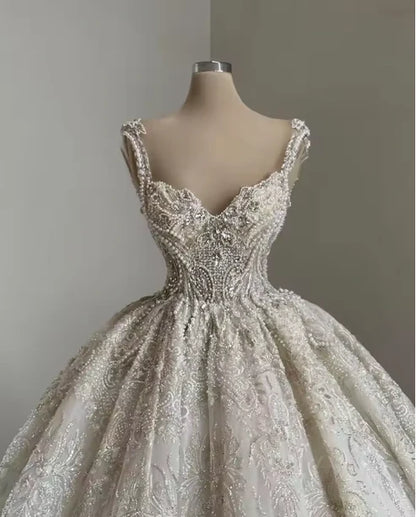 Regal Ivory Sweetheart Straps Beaded Sequin Ball Gown Wedding Dress AE084