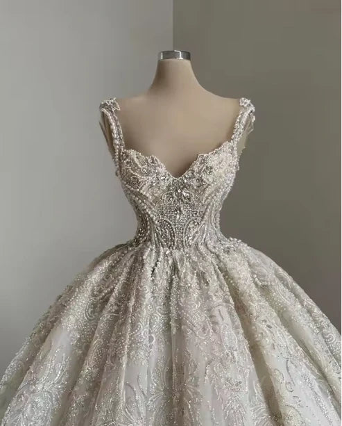 Regal Ivory Sweetheart Straps Beaded Sequin Ball Gown Wedding Dress AE084