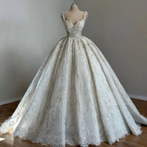 Regal Ivory Sweetheart Straps Beaded Sequin Ball Gown Wedding Dress AE084