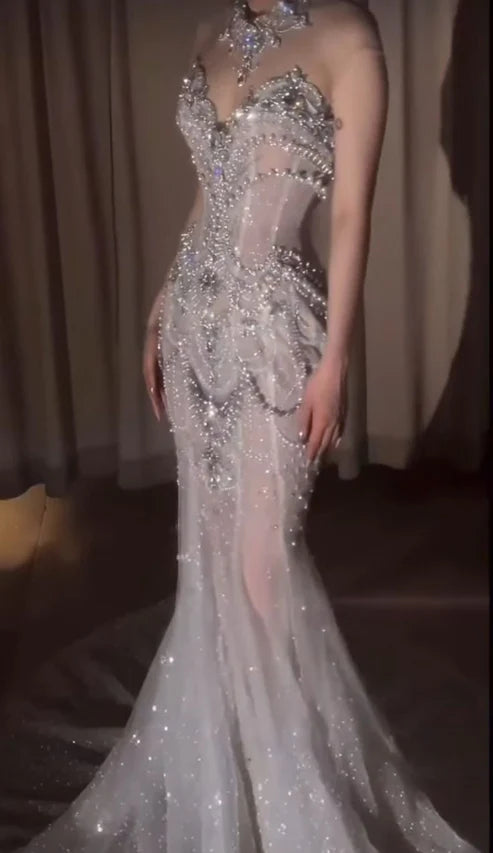 Glamorous Silver Rhinestone Pearl Sequin High Neck Sheer Mesh Mermaid Wedding Dress With Chapel Train AE086
