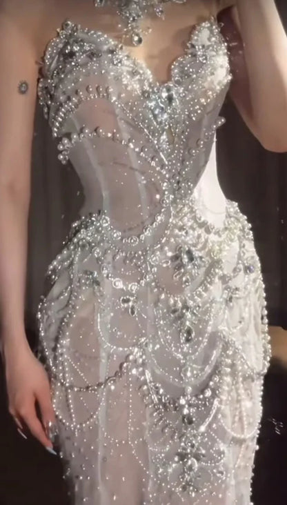 Glamorous Silver Rhinestone Pearl Sequin High Neck Sheer Mesh Mermaid Wedding Dress With Chapel Train AE086