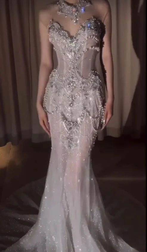 Glamorous Silver Rhinestone Pearl Sequin High Neck Sheer Mesh Mermaid Wedding Dress With Chapel Train AE086