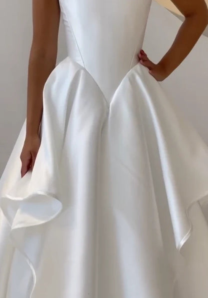 Elegant White Strapless Satin Multi-Layer Ruffle A-Line Wedding Dress With Chapel Train AE087