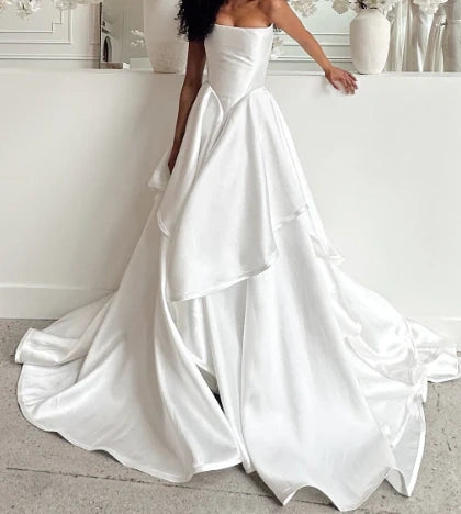Elegant White Strapless Satin Multi-Layer Ruffle A-Line Wedding Dress With Chapel Train AE087