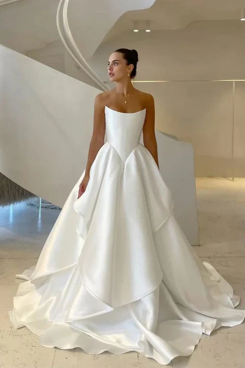 Elegant White Strapless Satin Multi-Layer Ruffle A-Line Wedding Dress With Chapel Train AE087