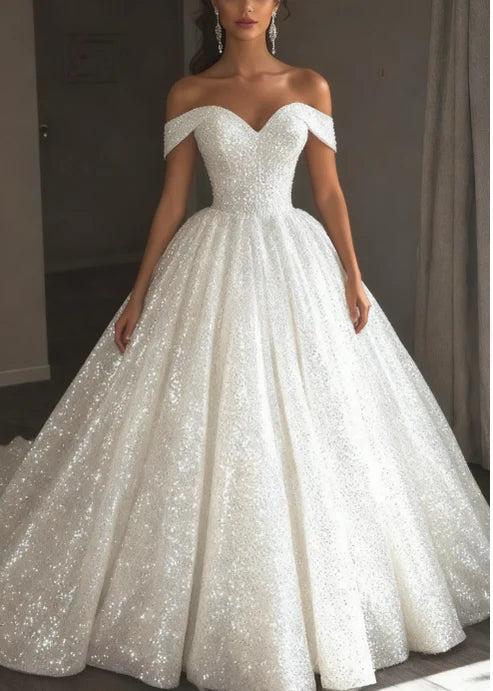 Glamorous Sparkling White Off The Shoulder Full Sequin Ball Gown Wedding Dress With Cathedral Train AE090